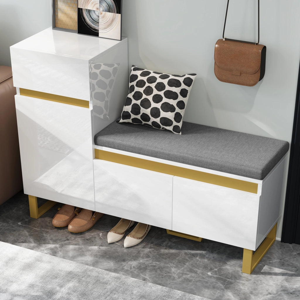 Scarpiera con panca imbottita, 2 ante, cassetto e vano aperto per ingresso, in MDF bianco, 120 × 35 × 85 cm