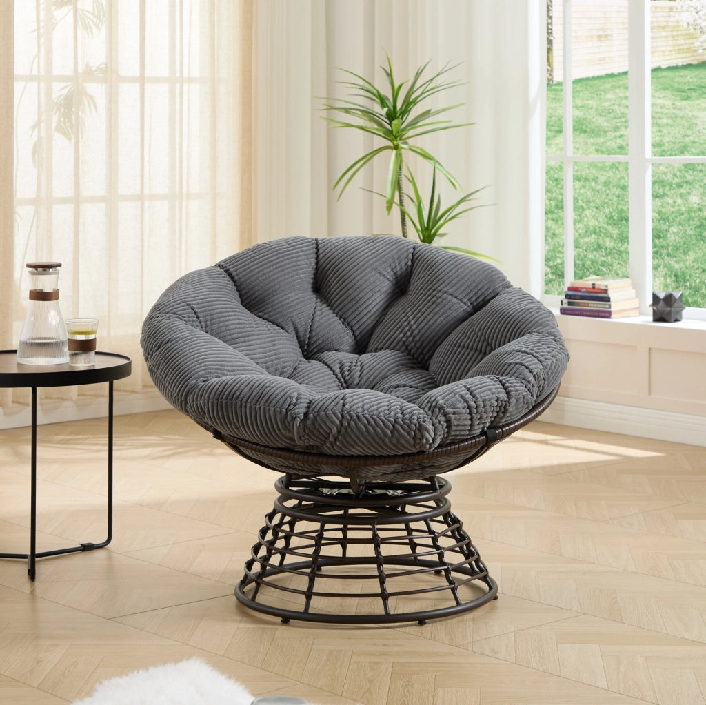 Sedia Papasan Ergonomica in Rattan con Cuscino Spesso e Girevole a 360°, Telaio Marrone e Cuscino Grigio in Velluto a Coste