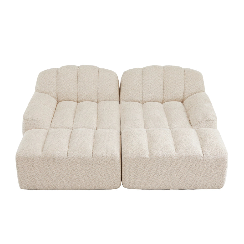 Divano modulare 2 posti con 2 ottomani in pile granulato beige e bianco