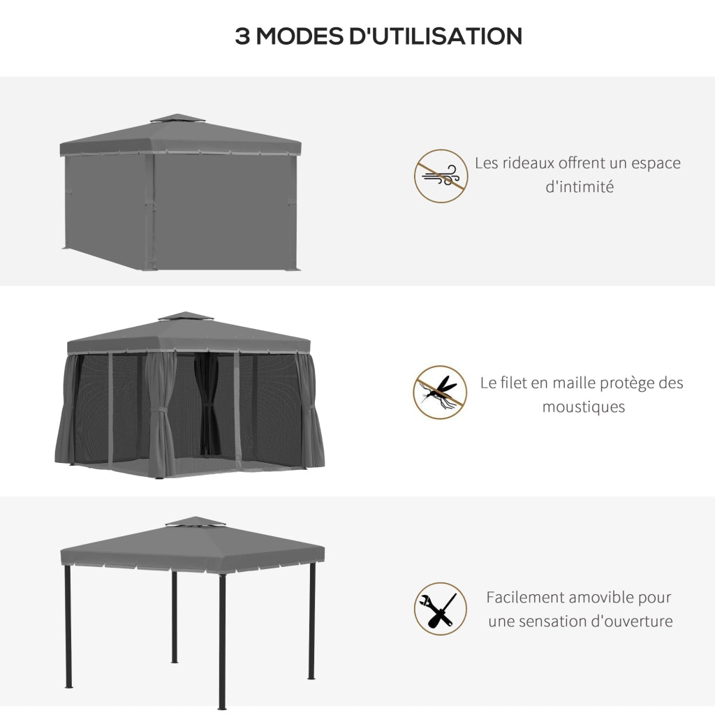 Gazebo da giardino 3 x 3 m con telaio in alluminio, doppio tetto ventilato, tende e zanzariere, grigio scuro
