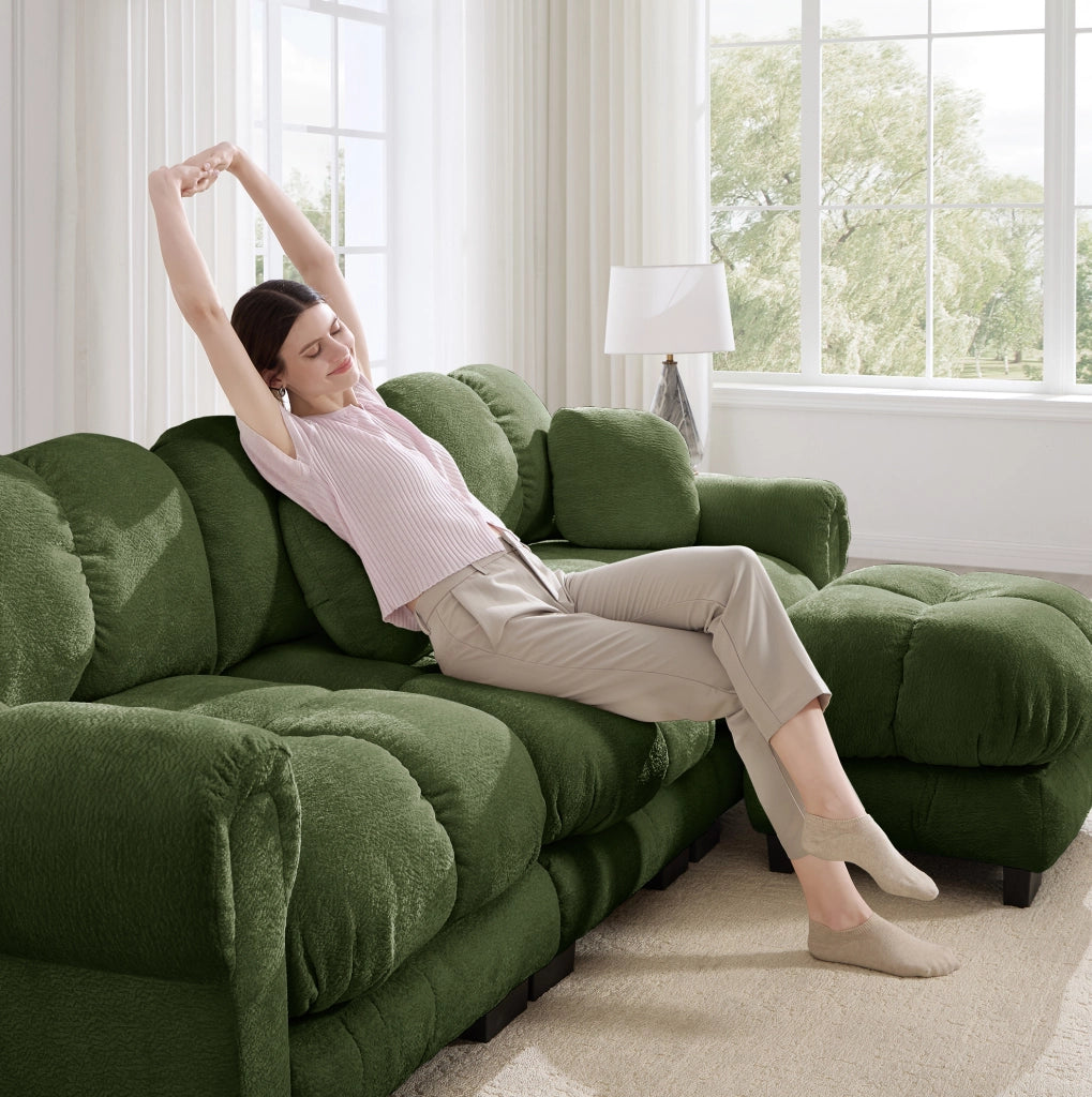 Divano 2 posti in chenille verde con pouf modulare e cuscini imbottiti, dimensioni 190x149x90 cm