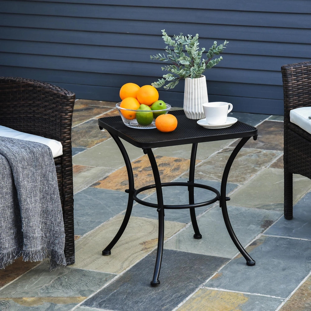 Tavolino laterale quadrato in metallo nero 45×45×50cm, piano a rete metallica, tavolo da giardino e interno, struttura saldata stabile per balcone