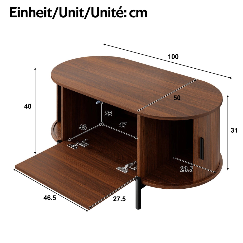Tavolino da salotto ovale 100x50 cm con ante scorrevoli in rattan color noce HOMVRA