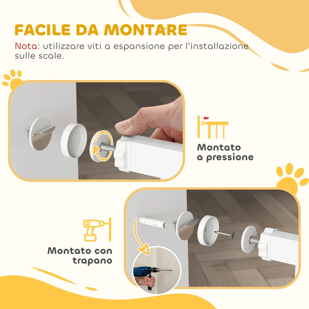 Cancelletto di Sicurezza per Cani Regolabile 75-145 cm in Acciaio e ABS Bianco, Barriera per Porte e Scale Facile da Montare