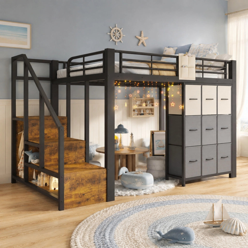 Letto a soppalco 140 × 200 cm con cassetti scala contenitore appendiabiti metallo e MDF nero con sponda