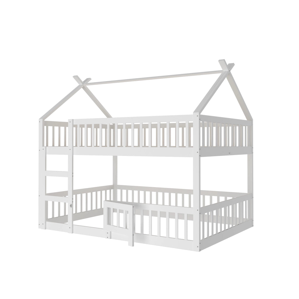 Letto a castello per bambini 140x200 cm con scala integrata, struttura in legno massello bianco e protezioni di sicurezza