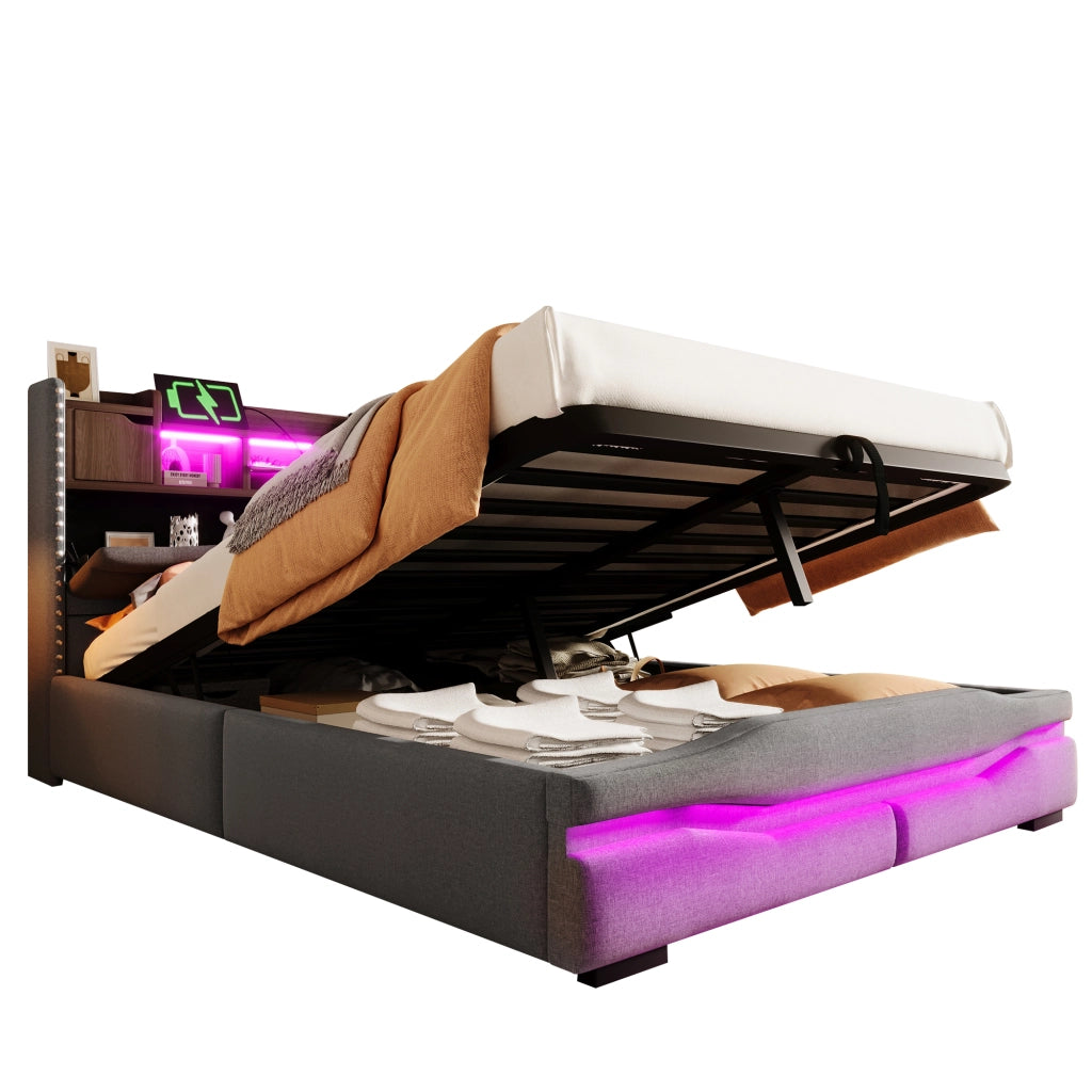 Letto contenitore 140 × 200 cm con sollevamento idraulico; LED controllabili tramite app e porte USB Type-C