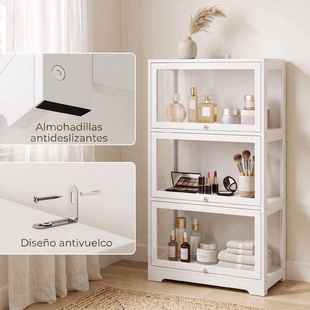 Vetrina espositiva per collezionabili in acrilico; 3 livelli; ante scorrevoli; MDF bianco; 59 x 30 x 106 cm