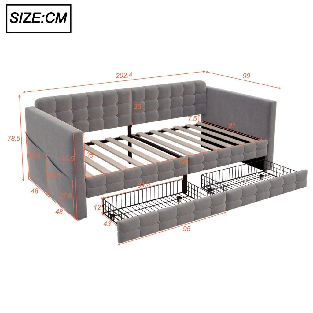 Letto imbottito 90x190 cm con 2 cassetti; tasche laterali e velluto grigio