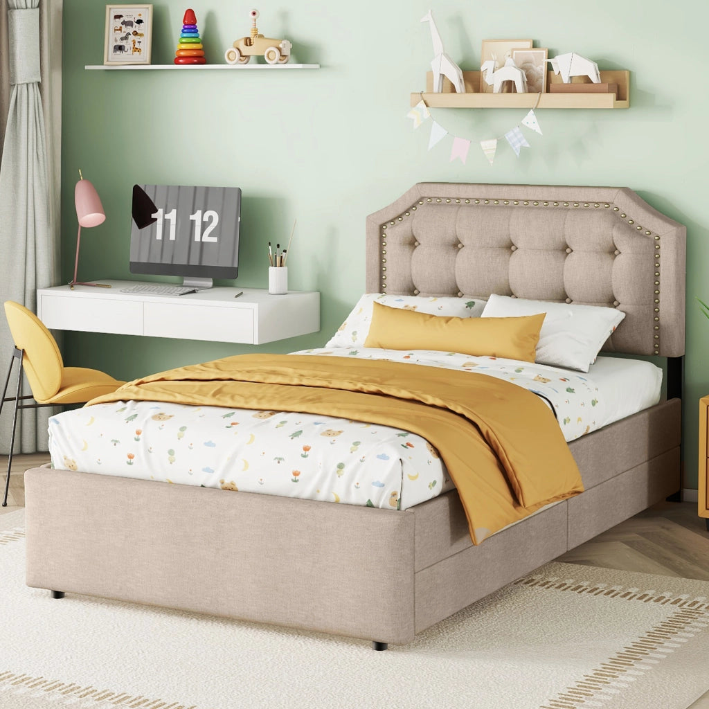 Letto imbottito 90x200 cm con 2 cassetti in lino e MDF beige scuro