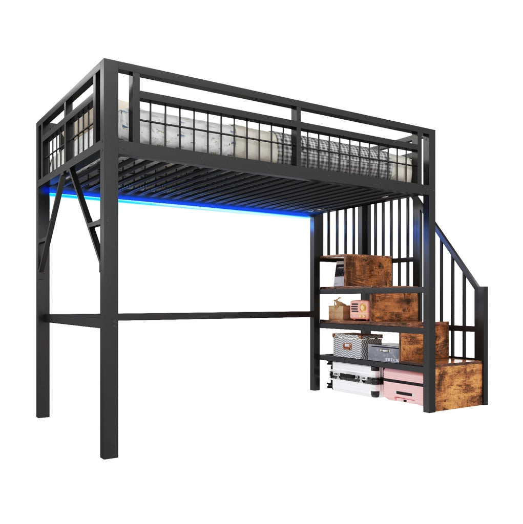 Letto a soppalco 90x200 cm con LED e scale contenitore nero HOMVRA