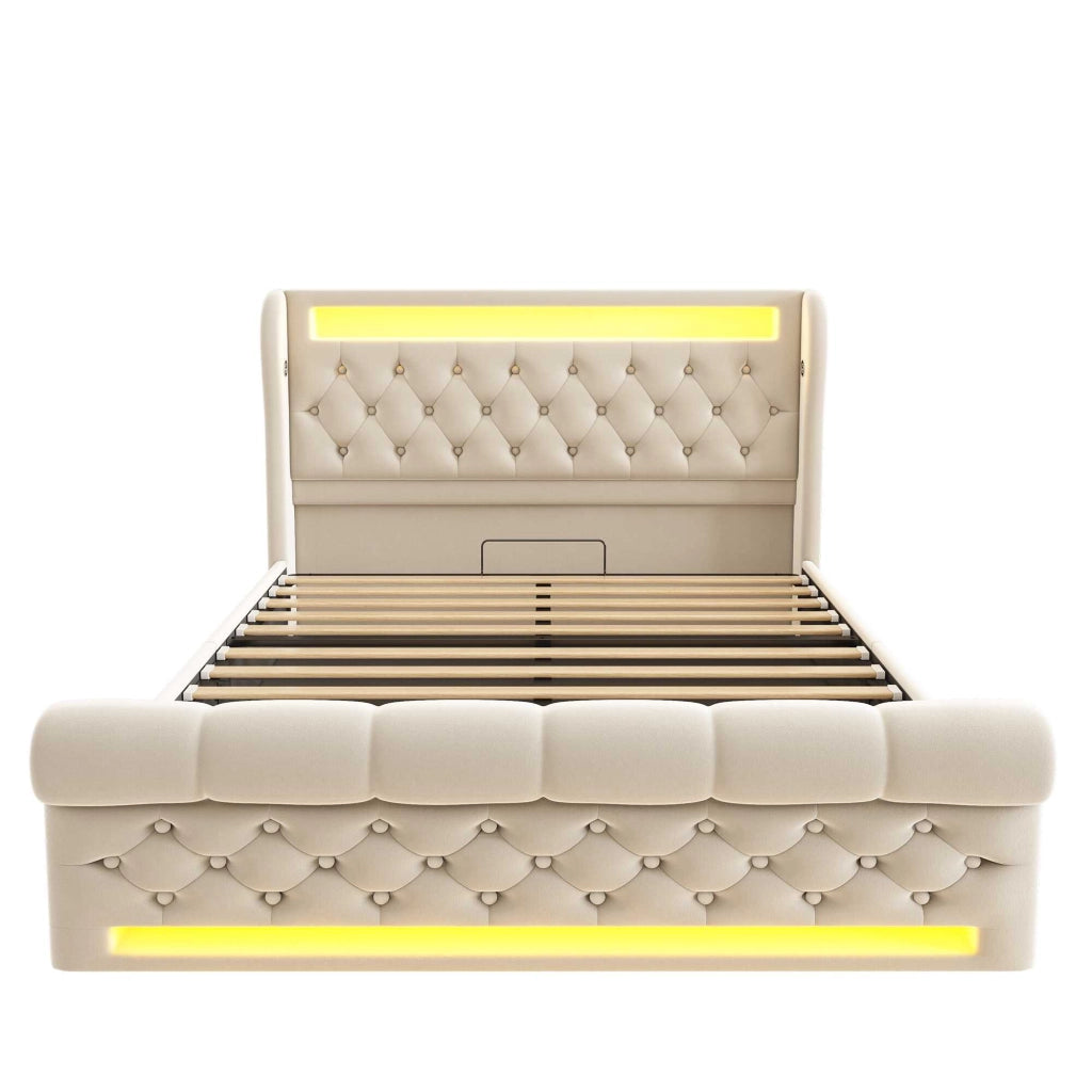 Letto contenitore beige 140x190 cm in velluto, LED su testiera e pediera, porte USB e USB-C, senza materasso