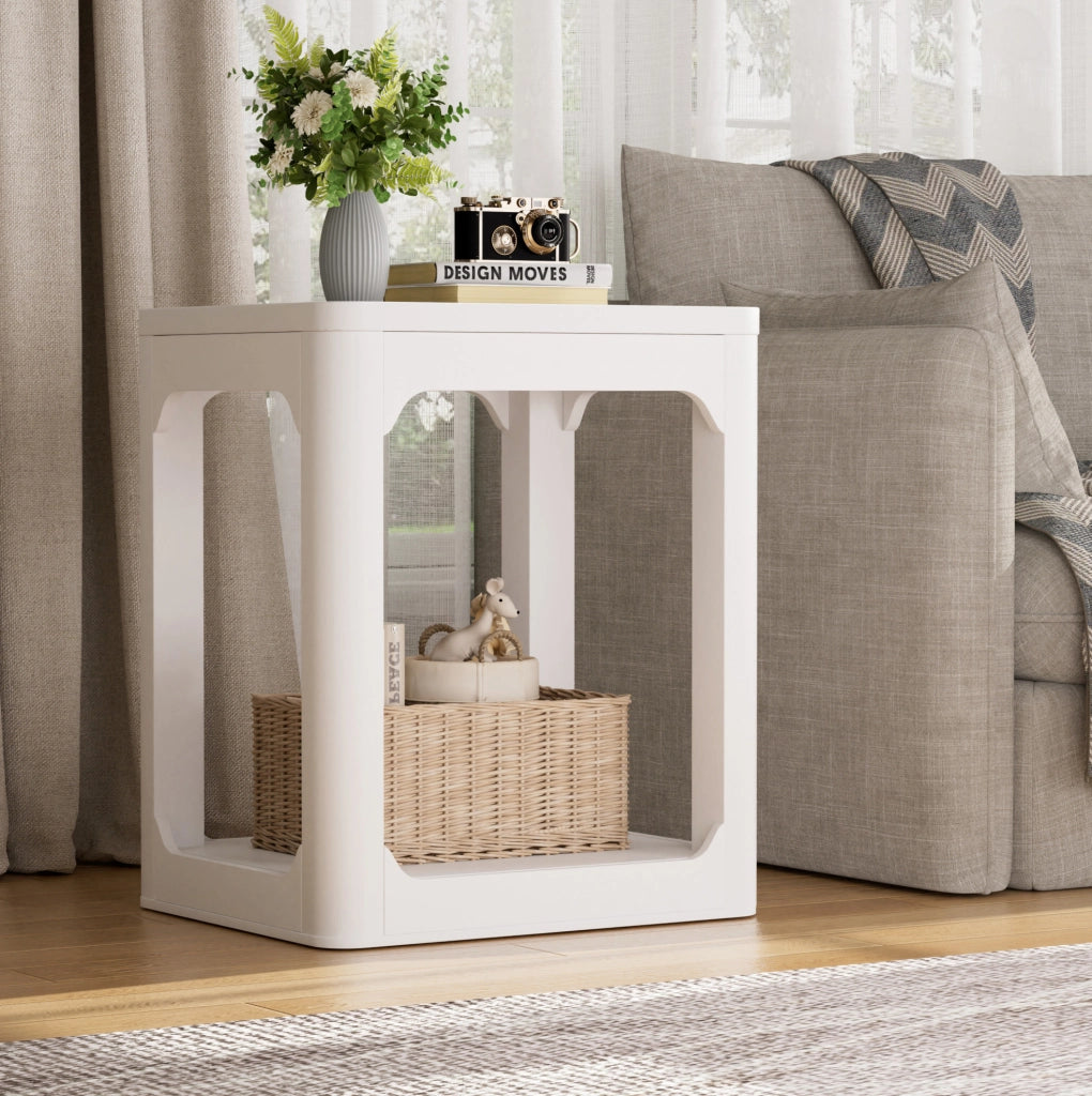 Set di 2 Tavolini Laterali Bianchi con Piano da 3 cm e Doppio Ripiano, 50x40x60 cm
