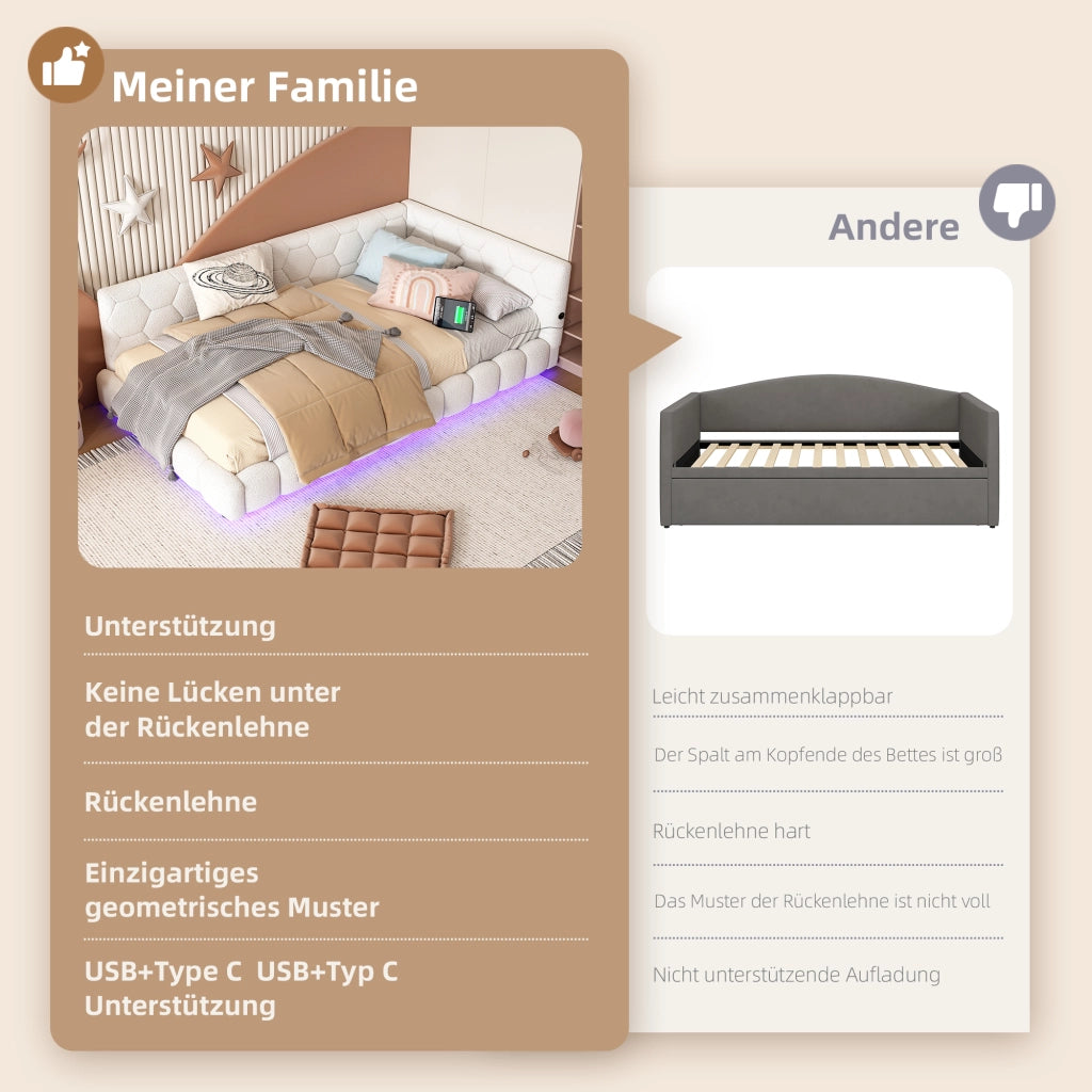 Letto divano singolo 90 × 200 cm con LED regolabile; USB e porta di tipo C; senza materasso; bianco