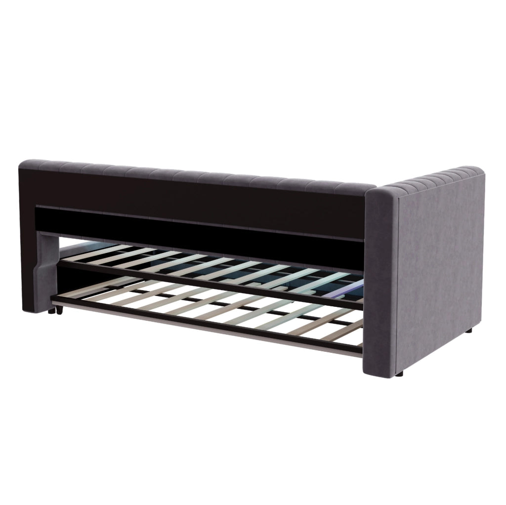 Divano letto a L estraibile 90x200 cm con LED, USB-C e rivestimento in velluto grigio