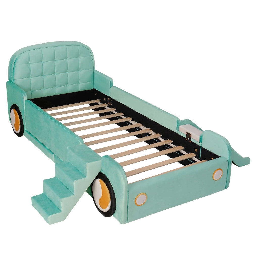 Letto per bambini a forma di auto con scivolo e scala 90x200 cm in velluto blu-verde