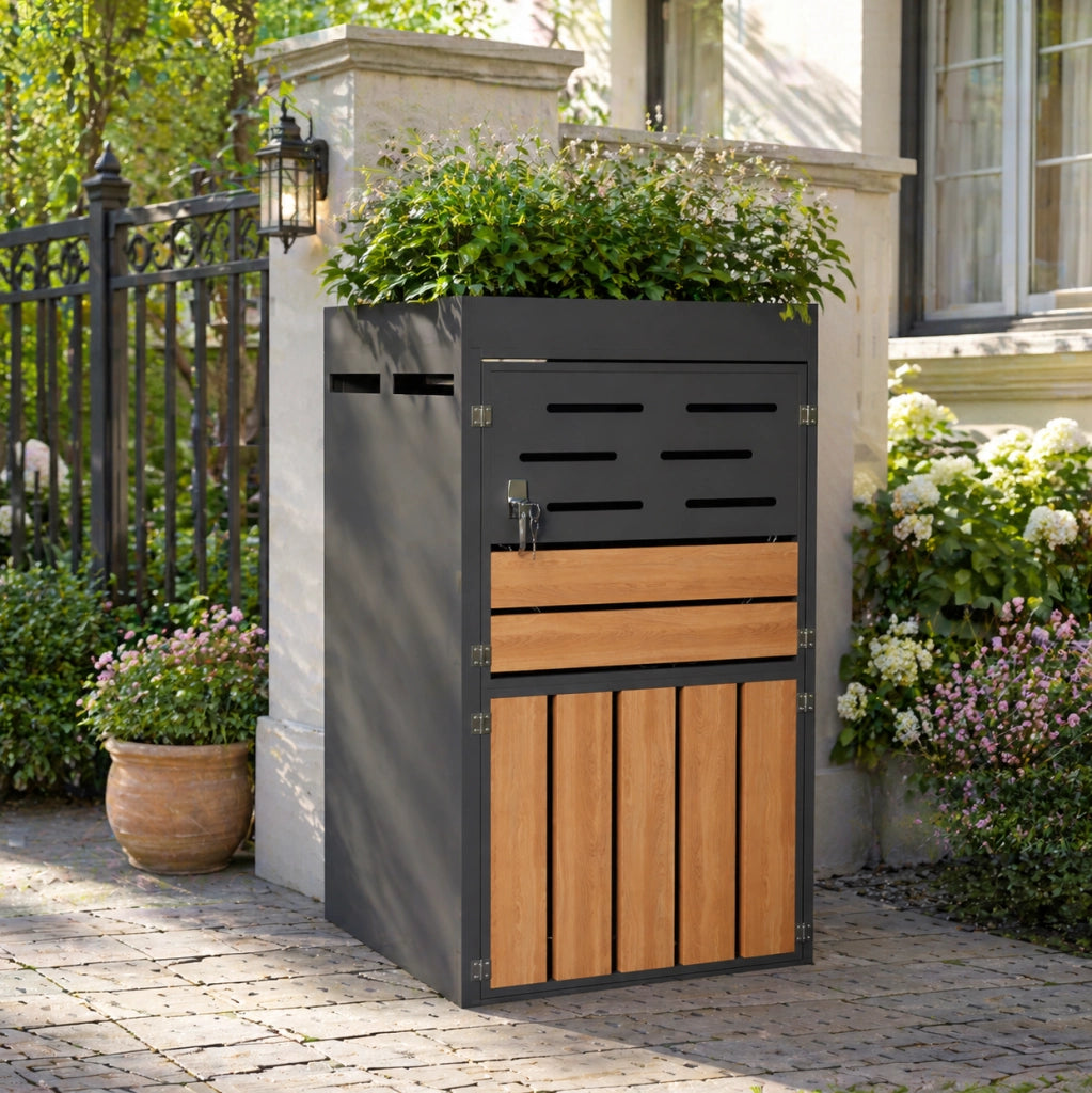 Armadio da esterno multifunzione in acciaio zincato con fioriera integrata, serratura e ventilazione a lamelle – senza contenitore per rifiuti, 66x80x128 cm