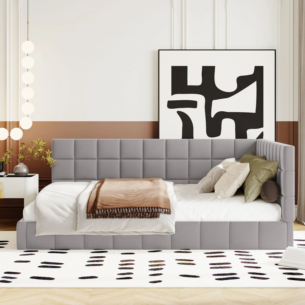 Divano letto 140x200, letto imbottito in velluto grigio con schienale e braccioli