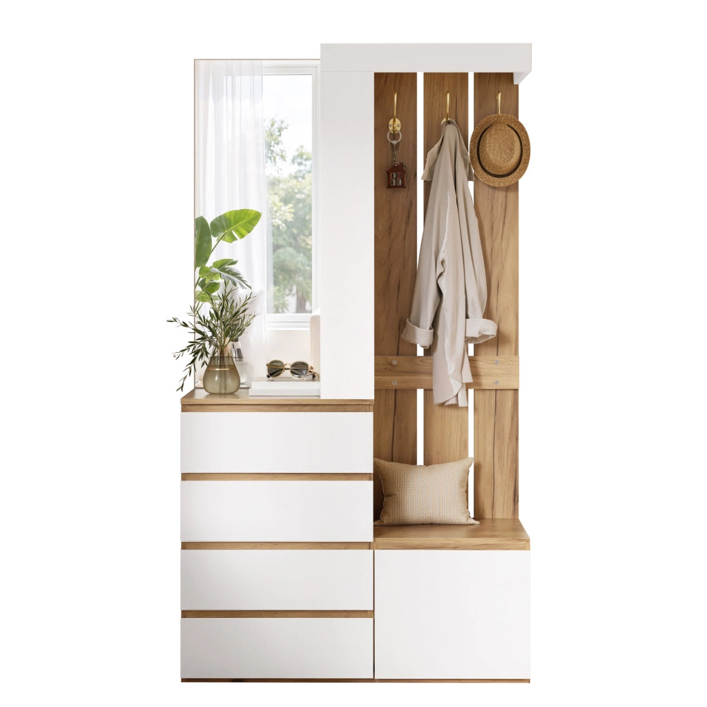 Mobile ingresso con specchio, 4 cassetti, anta e ganci per corridoio, truciolare bianco naturale, 100 × 35 × 180 cm