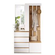 Mobile ingresso con specchio, 4 cassetti, anta e ganci per corridoio, truciolare bianco naturale, 100 × 35 × 180 cm