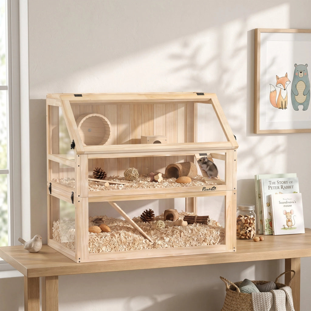 Gabbia per criceti in legno a 3 piani con coperchio ribaltabile e ruota per piccoli roditori 80 x 50 x 76 cm legno naturale