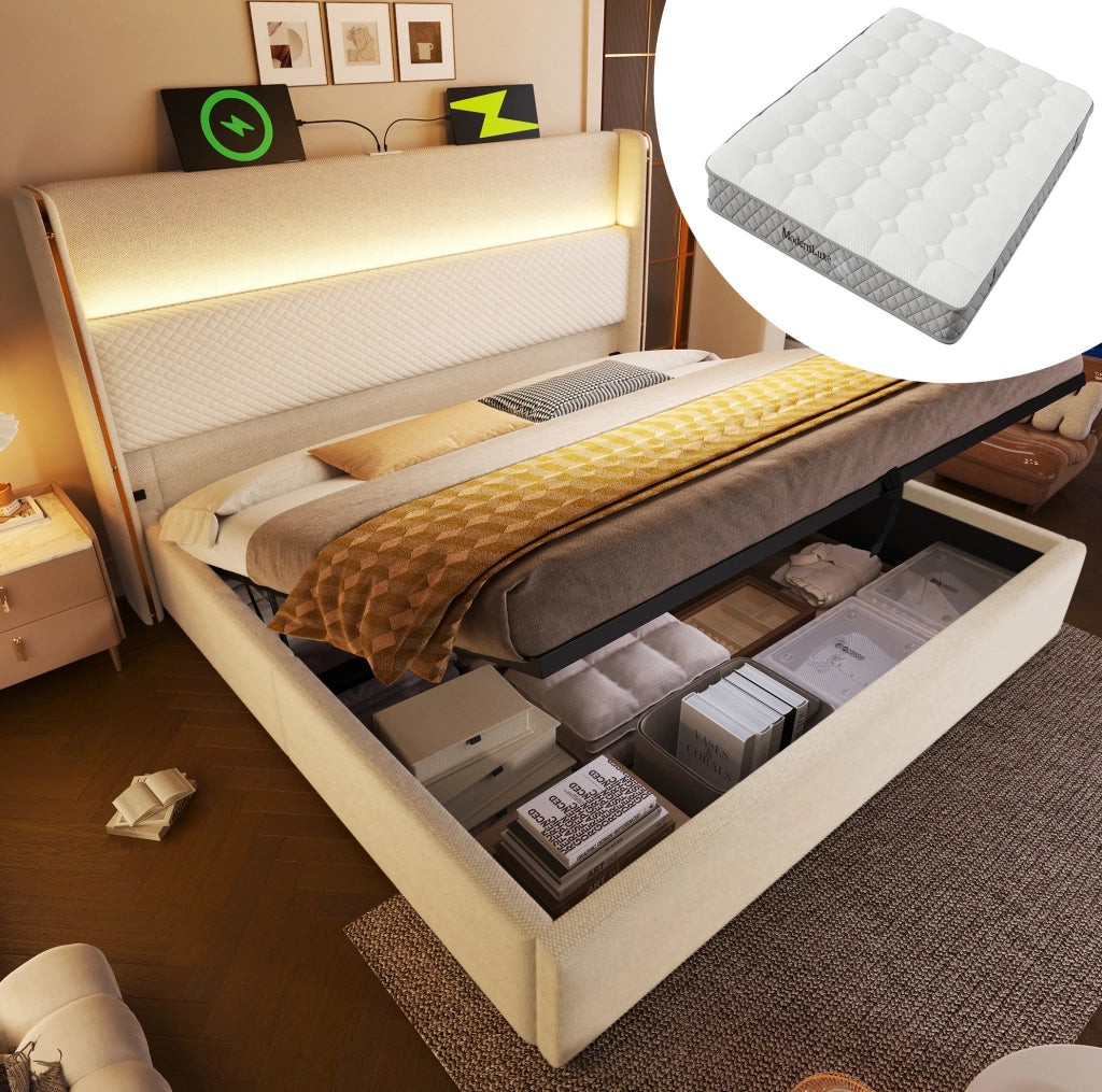 Letto idraulico 180x200 cm in lino beige con LED, contenitore e materasso