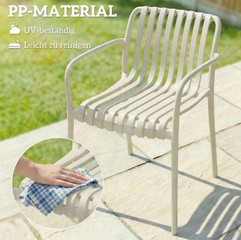Set di 4 Sedie da Giardino Impilabili in PP Crema con Schienale Ergonomico a Lamelle