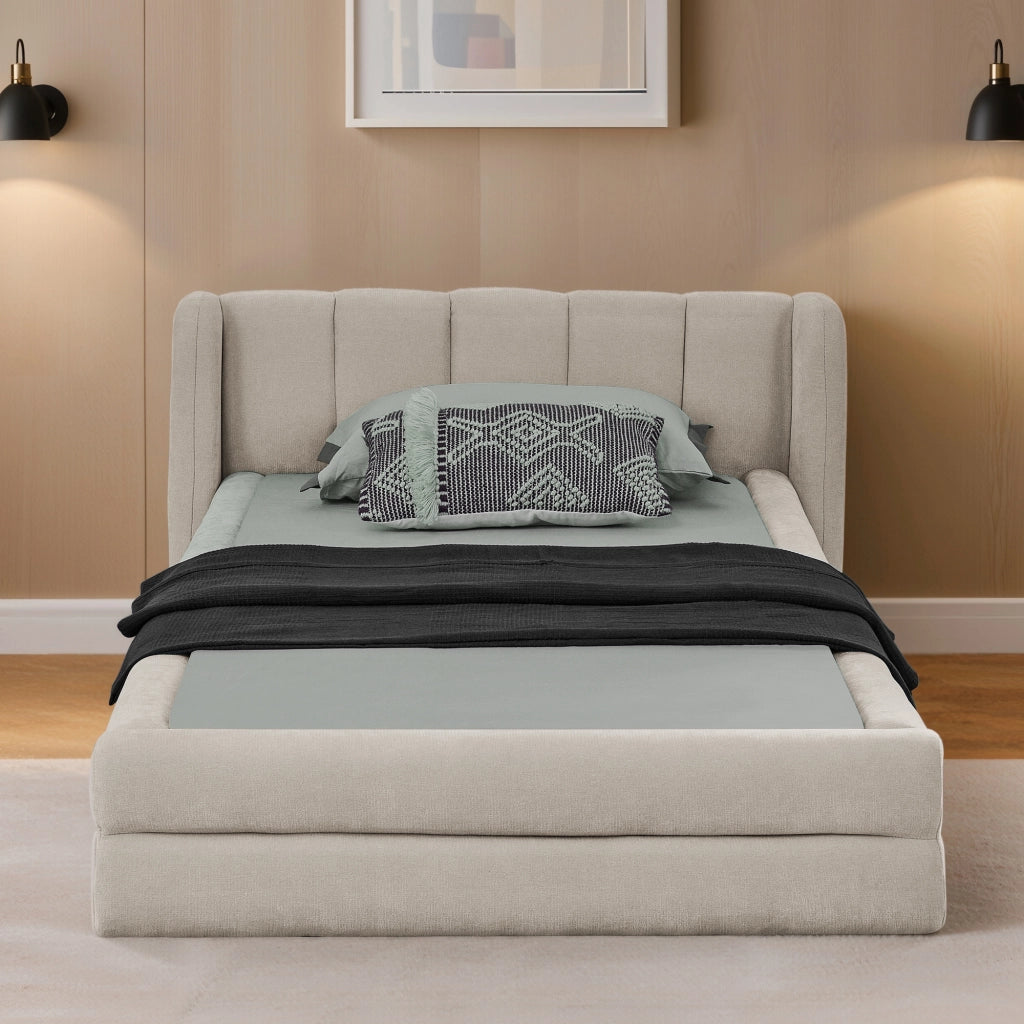 Letto 90 × 200 cm con testiera imbottita in ciniglia beige struttura rinforzata portata massima 200 kg senza materasso