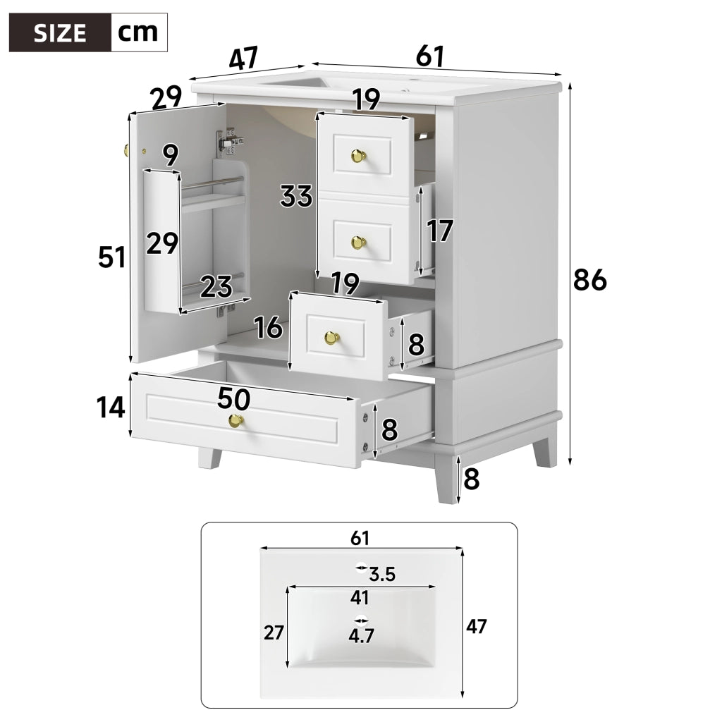 Mobiletto con lavabo da bagno a terra con 3 cassetti e anta soft-close in MDF bianco lucido 61 × 47 × 86 cm