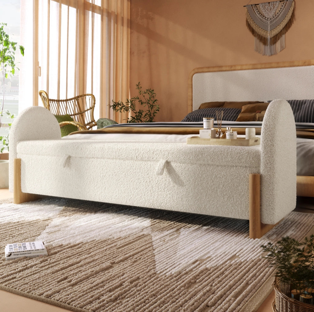 Panca Contenitore Bianca 186x47x61 cm con Rivestimento in Tessuto Chenille Bouclé e Gambe a U in Legno di Gommifero