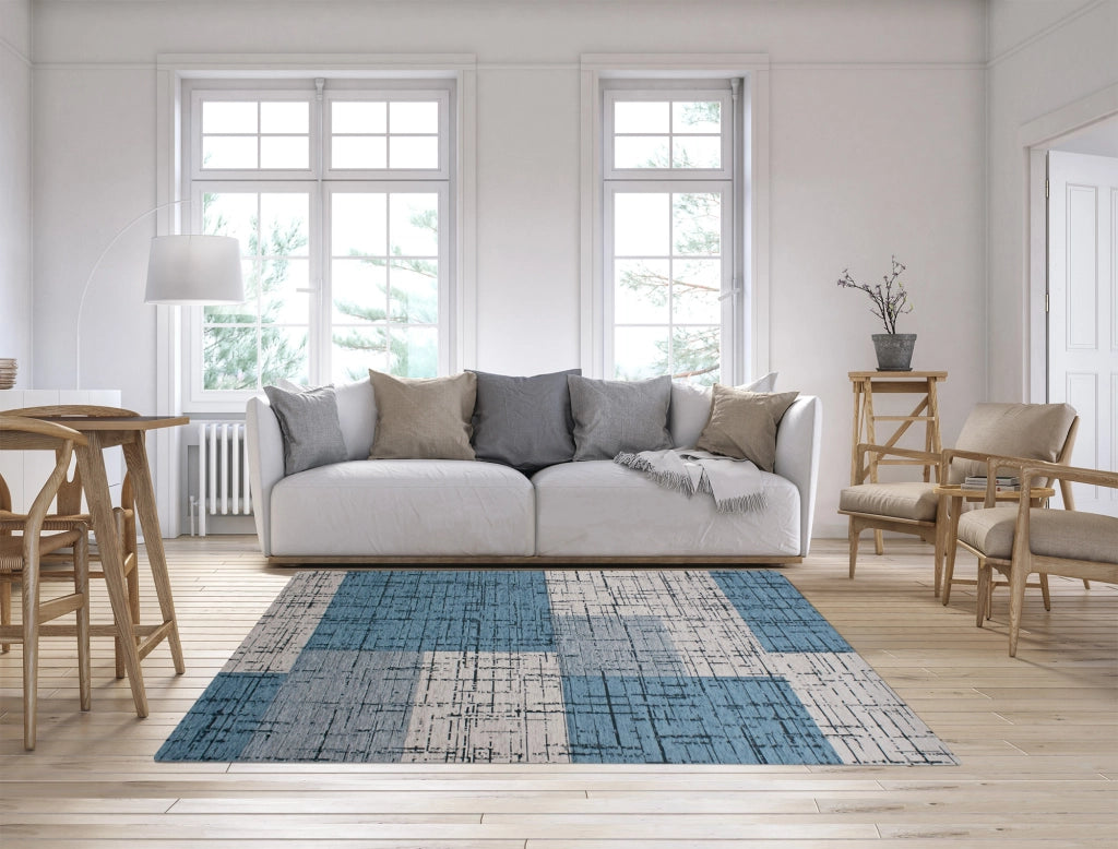 Tappeto Arredo Moderno Morbido in Ciniglia Ingresso Antiscivolo Prodotto Italiano  Soggiorno Camera Salotto Disegni Piazzati Cotone Varie Misure Grande Mondrian/Azzurro - 65x220 cm