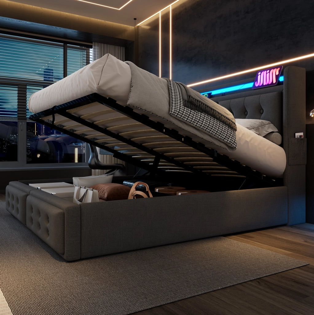 Letto imbottito 140x200 cm con materasso, LED e ricarica USB-C