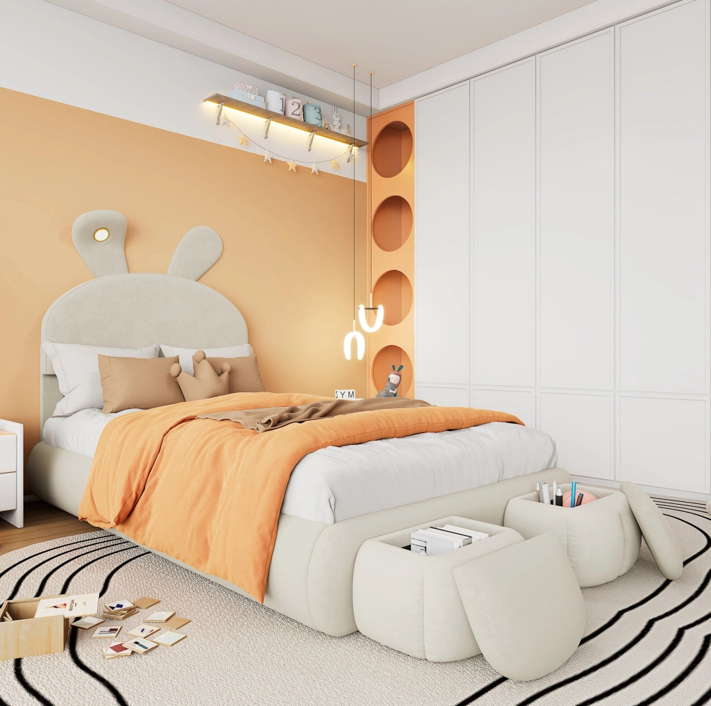 Letto imbottito 90x200 cm con orecchie decorative, luce LED e contenitori