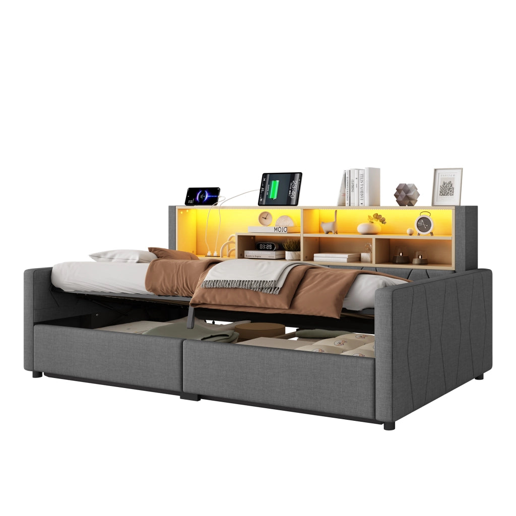 Divano Letto 90x200 cm in Lino con Contenitore Idraulico; USB-C; Presa; LED; Grigio
