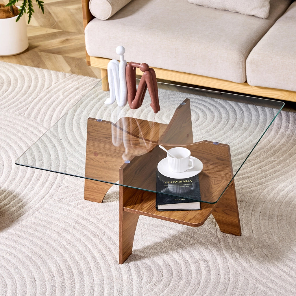 Tavolino da salotto quadrato 80x80 cm in vetro e MDF effetto noce HOMVRA