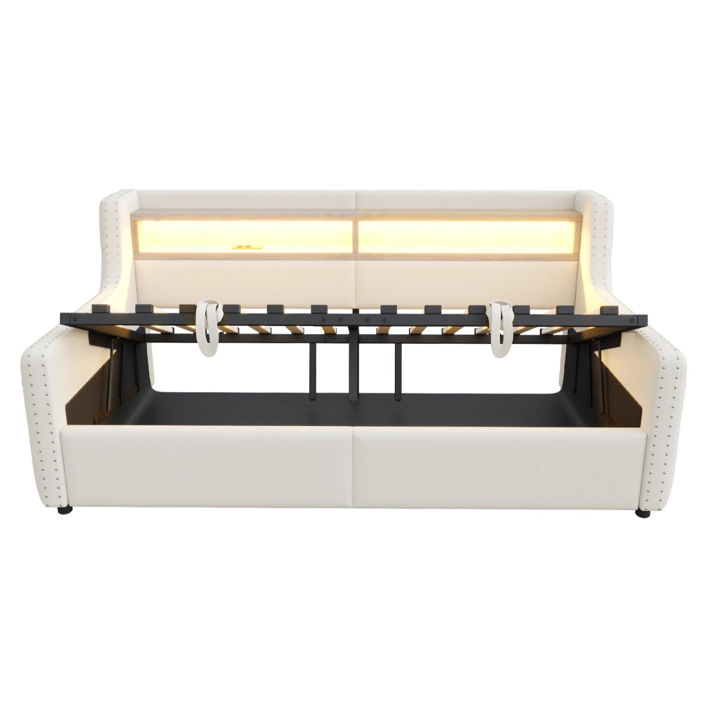 Letto divano 90 × 200 cm 1 posto con contenitore; LED; mensola; presa; USB e tipo C; senza materasso; beige