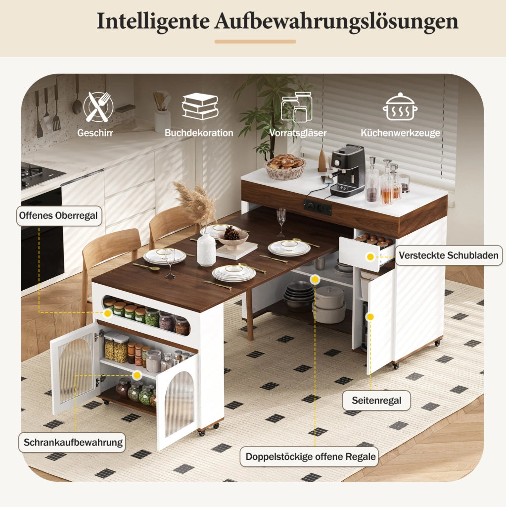 Isola cucina con ruote e tavolo allungabile, mobile con cassetto e prese elettriche, MDF bianco e finiture noce, dimensioni 50,5-187,5×110,5×95,5 cm