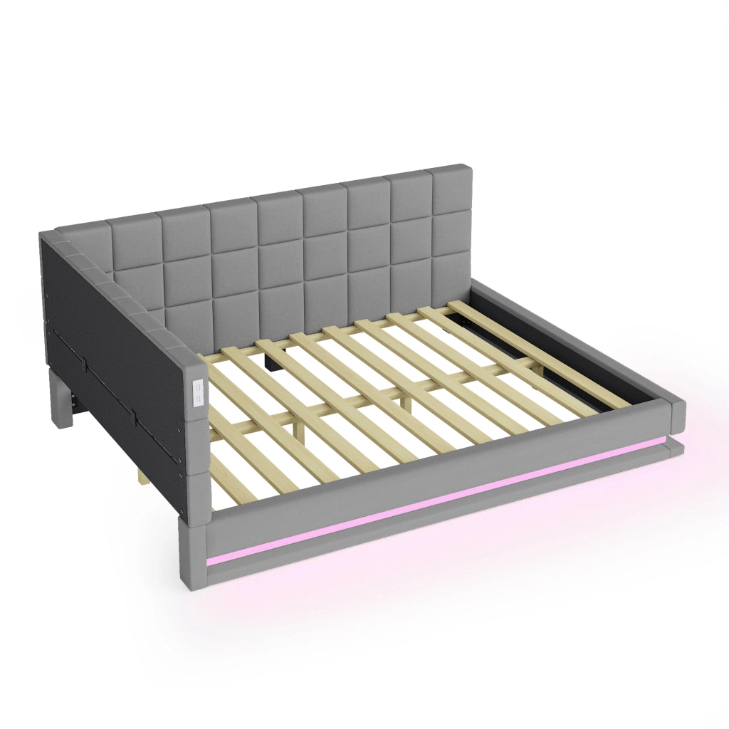 Divano letto 140x200 cm con LED multicolore e porta USB; rete a doghe; lino grigio