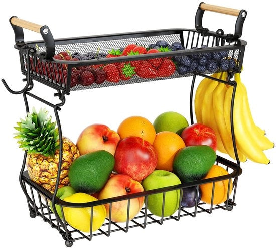 Fruitiera con 2 livelli e grappoli per banane - nero - metallo
