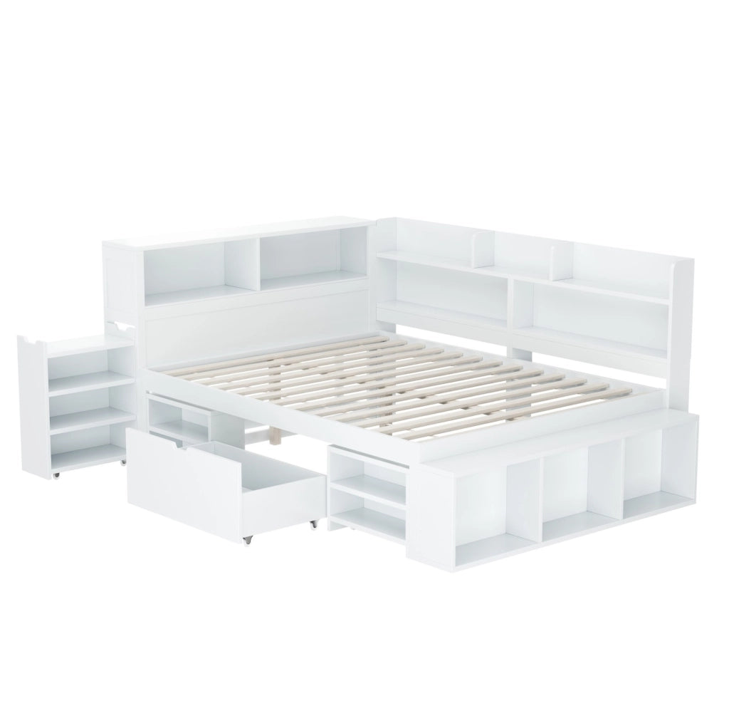 Letto per bambini 140x200 cm con cassetto, libreria e armadi contenitori in compensato bianco