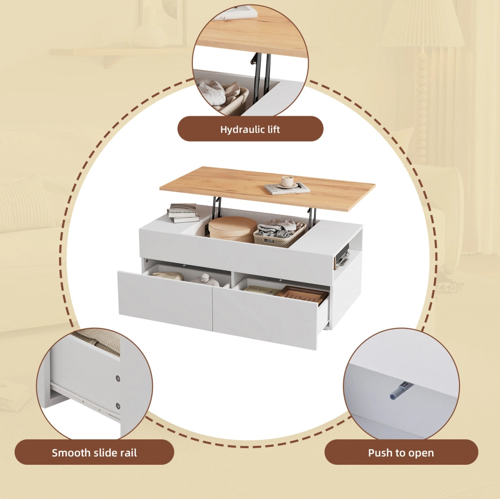 Tavolino da caffè sollevabile 100x50x40 cm con 2 cassetti; bianco e effetto legno
