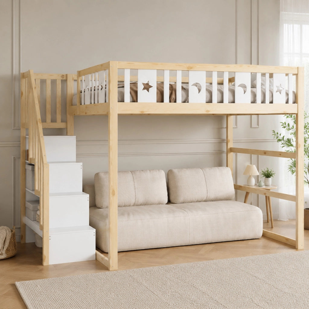 Letto a soppalco per bambini 140 × 200 cm con scala ripiani area divano e decorazioni luna e stelle in legno