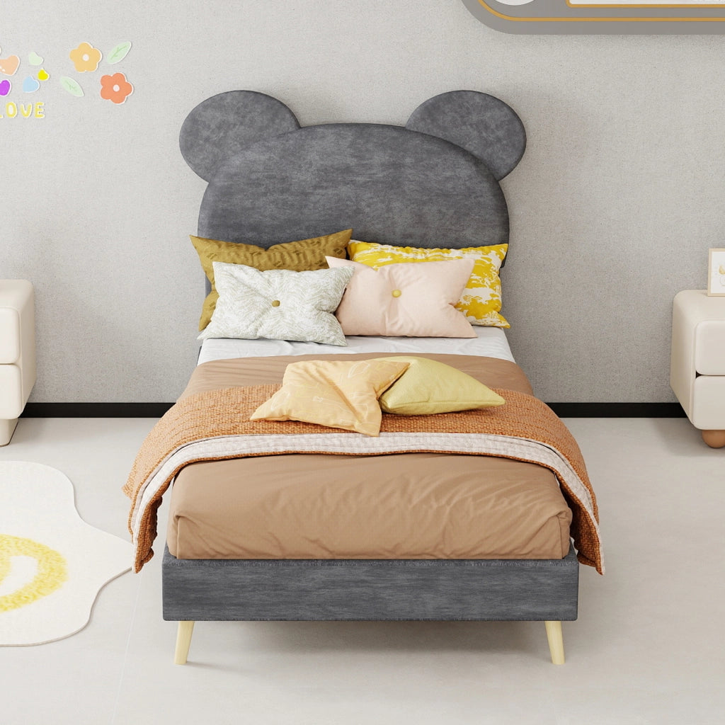 Letto contenitore 90 × 200 cm con testiera imbottita a forma di cartone grigio e vano con pistoni pneumatici