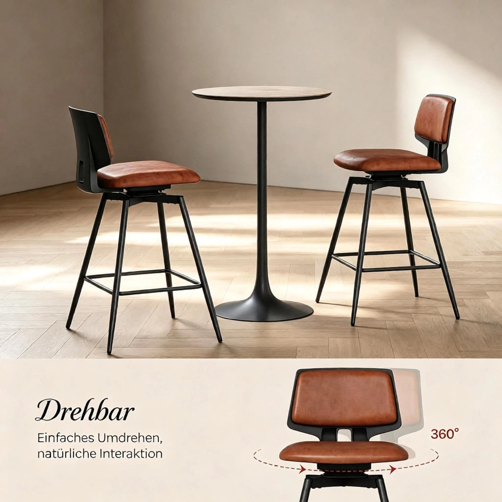 Sgabello da Bar Set da 2 Girevole a 360° con Schienale Ergonomico e Poggiapiedi in Metallo, Similpelle Marrone