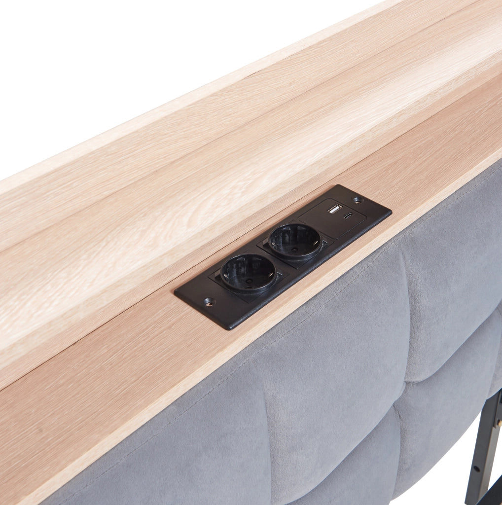 Divano letto imbottito 90x200 cm grigio con LED, USB-C e 2 cassetti