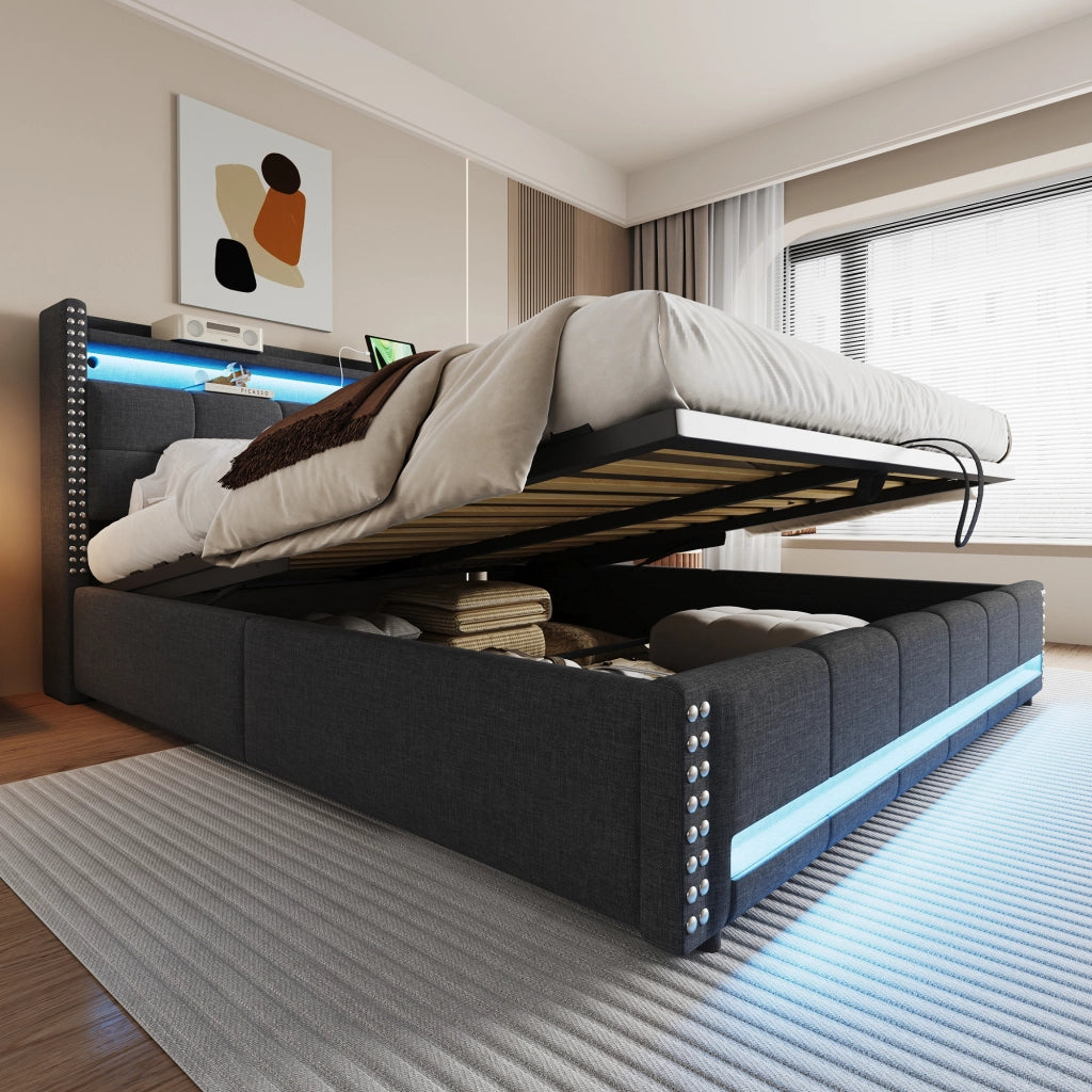 Letto matrimoniale imbottito 180×200 cm 2 posti con contenitore idraulico; LED e USB; senza materasso; grigio