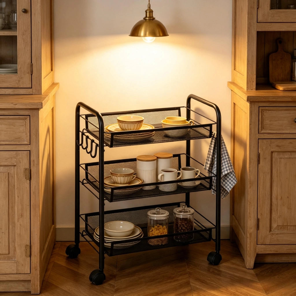 Carrello portatutto a 3 ripiani con cestelli rimovibili in acciaio nero 4 ruote 2 bloccabili 45 × 26.5 × 63 cm