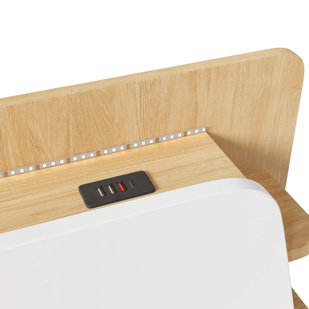 Letto 140x200 cm con contenitore idraulico, LED, USB e USB-C bianco naturale