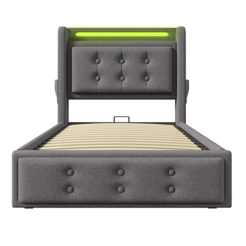Letto singolo 90x200 cm con testiera imbottita, funzione di ricarica USB-C, struttura in legno e metallo, colore grigio, senza materasso