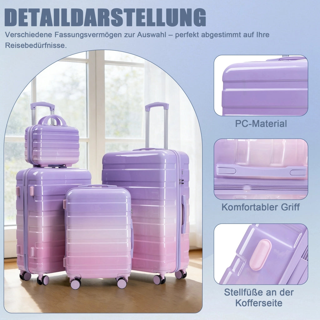 Set di valigie rigide 4 pezzi in PC viola con 3 trolley da 20. 24 e 28 pollici e beauty case da 14 pollici